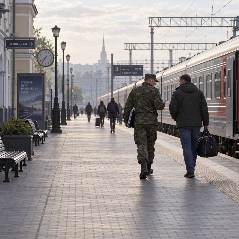 Иллюстрация: сотрудник в военной форме провожает мужчину с дорожной сумкой по перрону вокзала