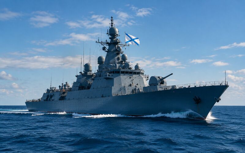 Иллюстрация: военный корабль под Андреевским флагом в открытом море